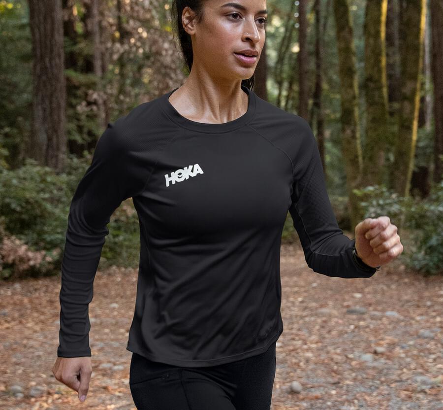 Hoka One One Performance Lång Sleeve Top Dam - Svarta - UJZVP-8142